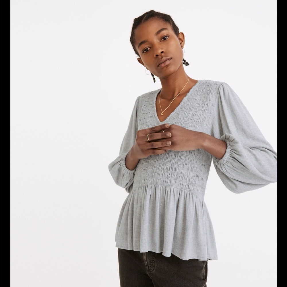 Madewell Gray Smocked V‑Neck Peplum Blouse